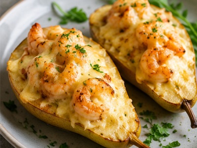 Груша запеченная с креветками и сыром