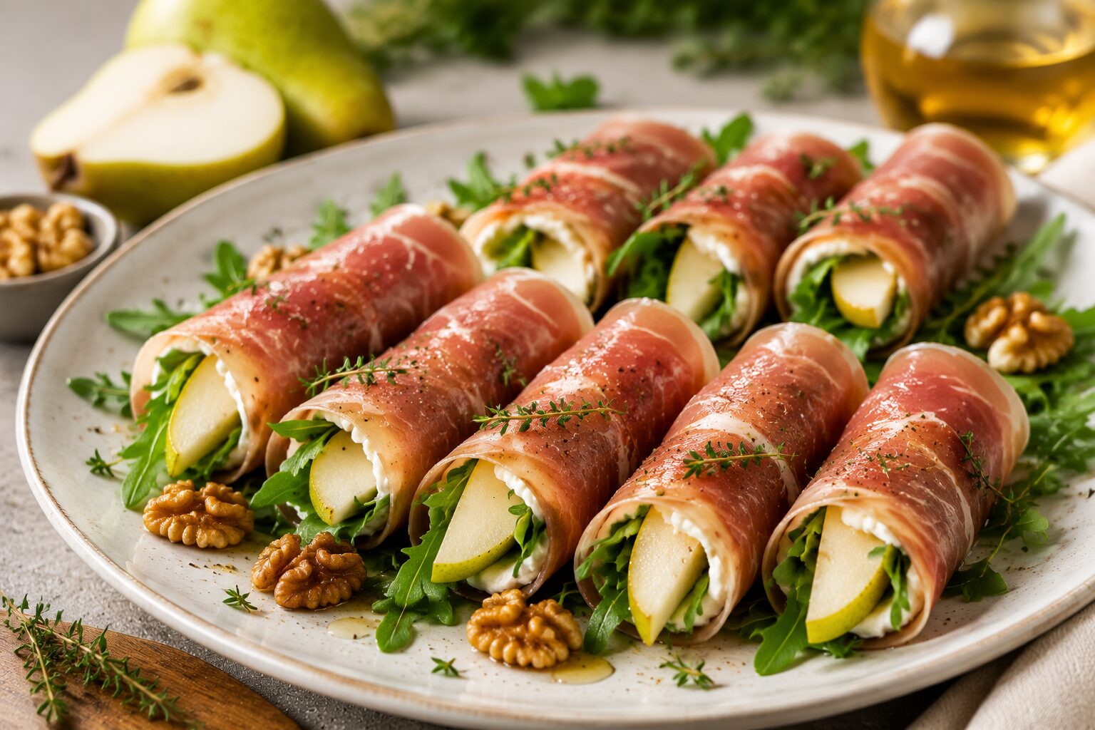 Рулетики с грушей, хамоном и сыром