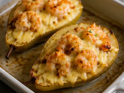 Запечь груши с креветками и сыром