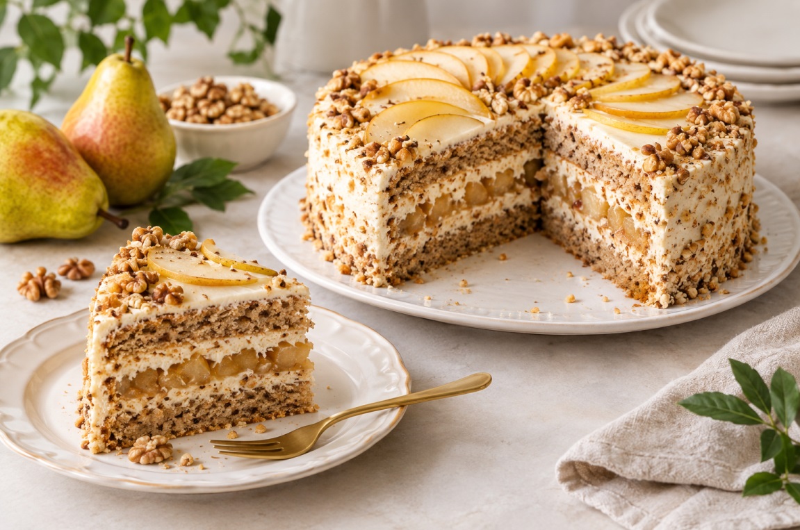 Ореховый торт с грушами